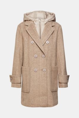 Wool blend coat with detachable hood