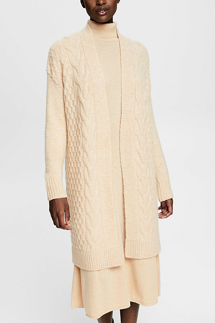 Long cable knit cardigan, wool blend, CREAM BEIGE, detail-asia image number 0