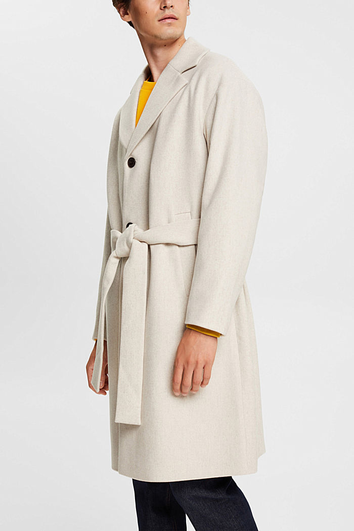 Wool blend coat with tie belt, CREAM BEIGE, detail-asia image number 0