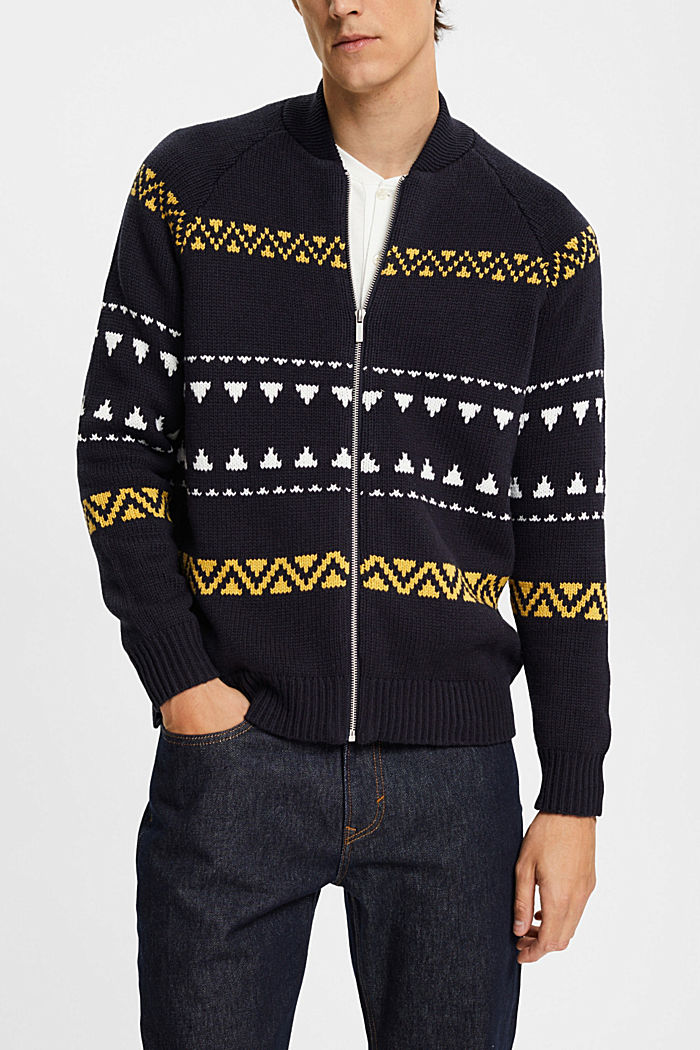 Knitted jacquard zip cardigan, NAVY, detail-asia image number 0