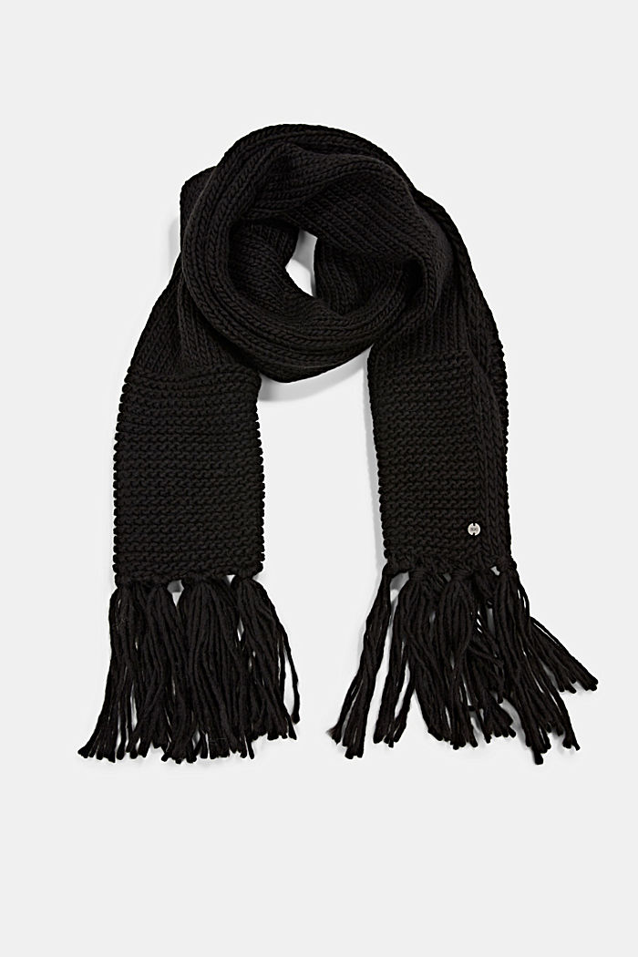 Wool/alpaca blend: long fringed scarf, BLACK, detail image number 0