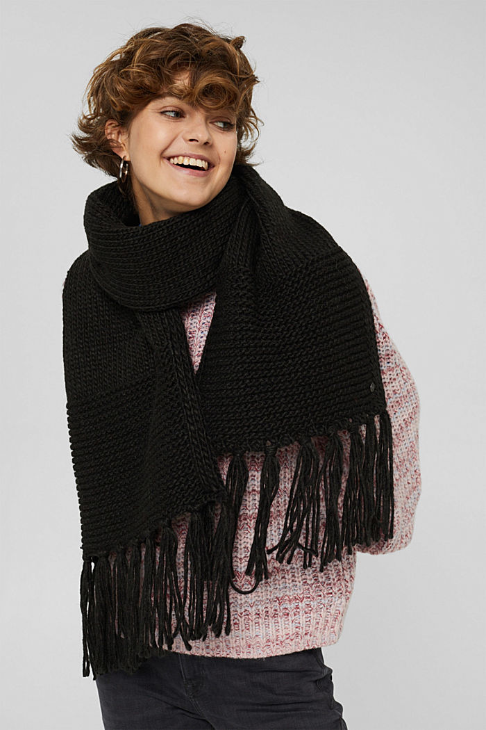 Wool/alpaca blend: long fringed scarf, BLACK, detail image number 1