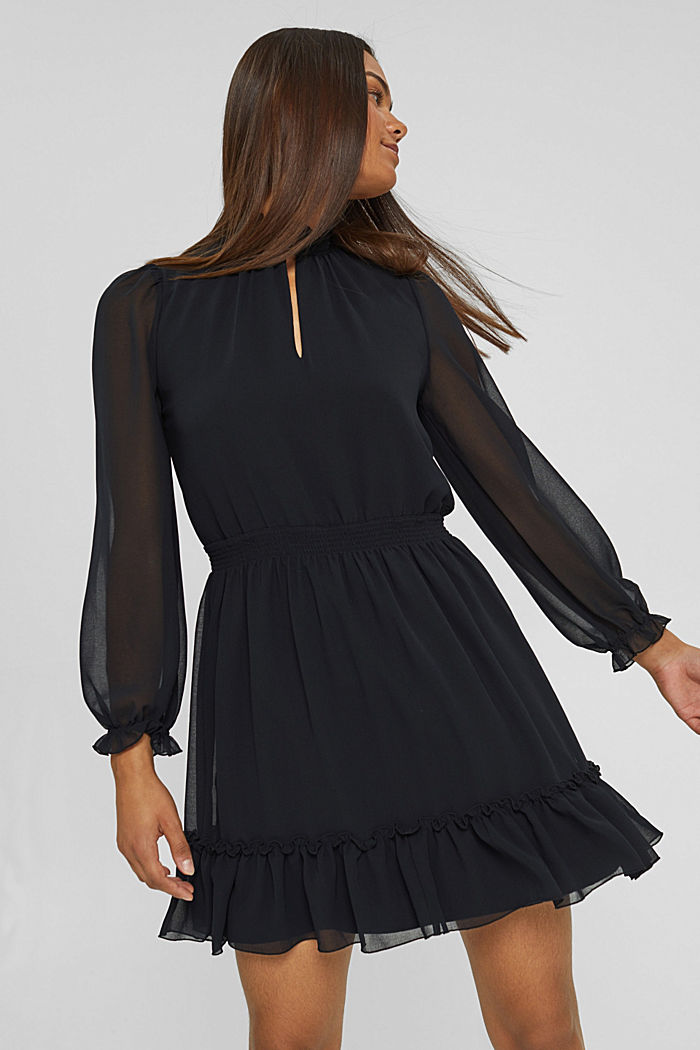 Gerecycled: getailleerde chiffon jurk met volants, BLACK, detail image number 0