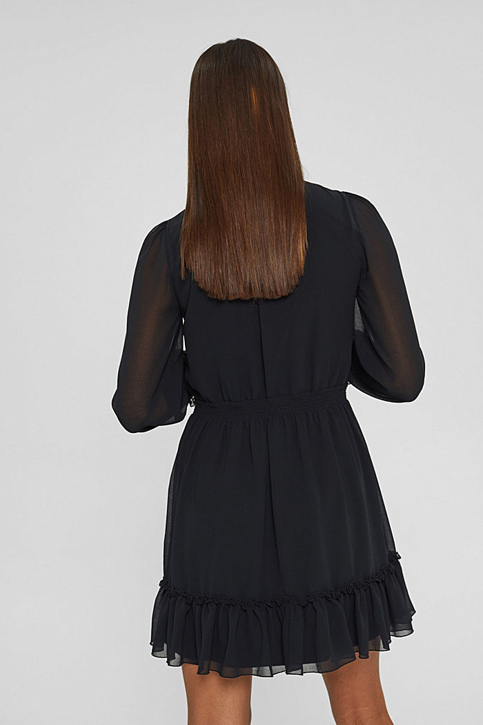 Gerecycled: getailleerde chiffon jurk met volants, BLACK, detail image number 2
