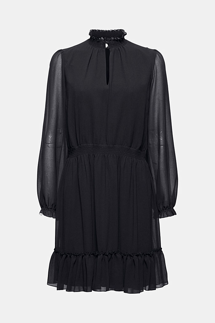 Gerecycled: getailleerde chiffon jurk met volants, BLACK, overview