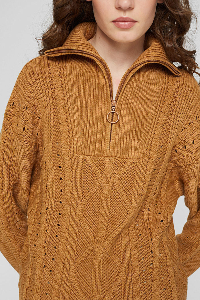 Jersey confeccionado en una mezcla de algodón ecológico con diseño trenzado y cuello de cremallera, BARK, detail image number 2