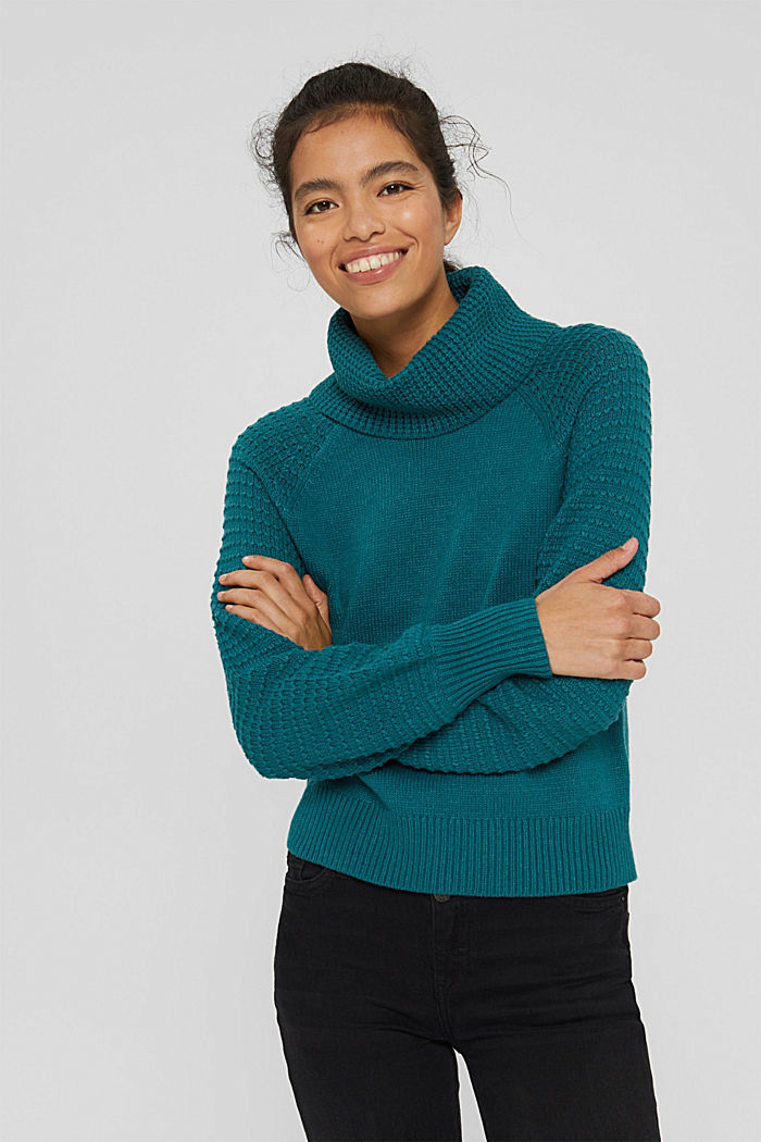Polo neck jumper in blended organic cotton, EMERALD GREEN, overview