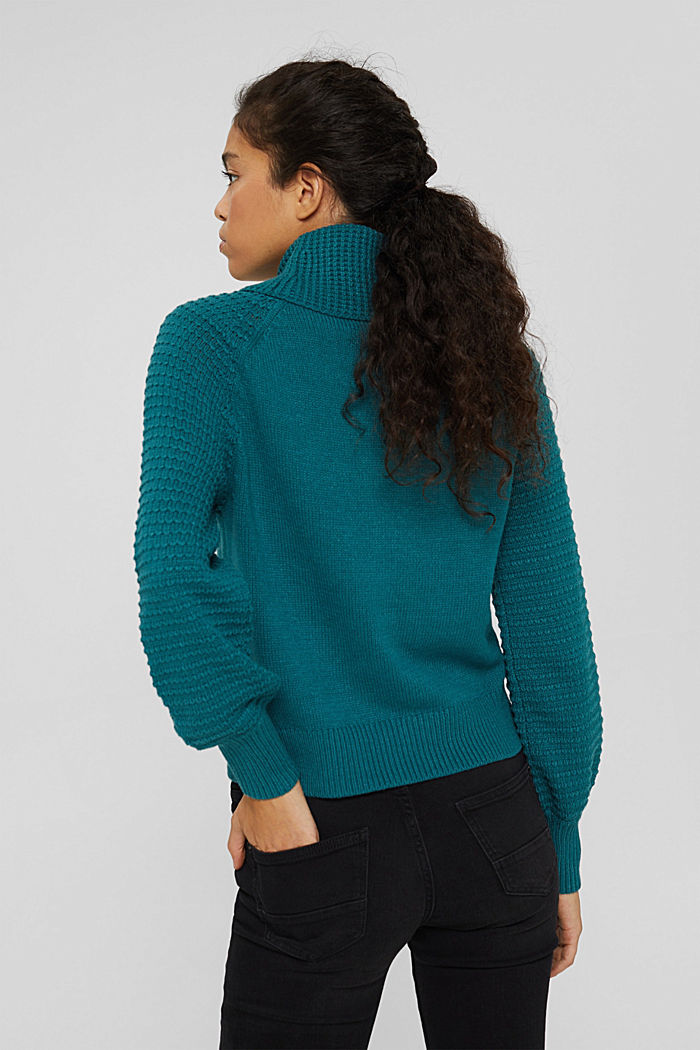Polo neck jumper in blended organic cotton, EMERALD GREEN, detail image number 3