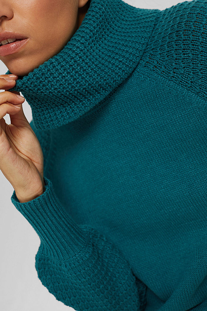 Polo neck jumper in blended organic cotton, EMERALD GREEN, detail image number 2