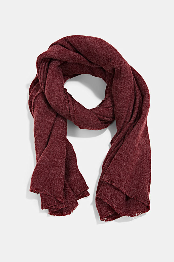 Made of recycled material: scarf with fine fringing, BORDEAUX RED, overview