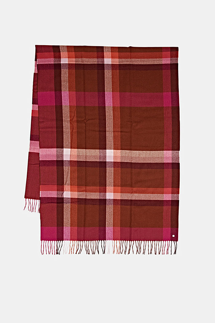 Gerecycled: geruite geweven sjaal met franjes, RUST BROWN, detail image number 3