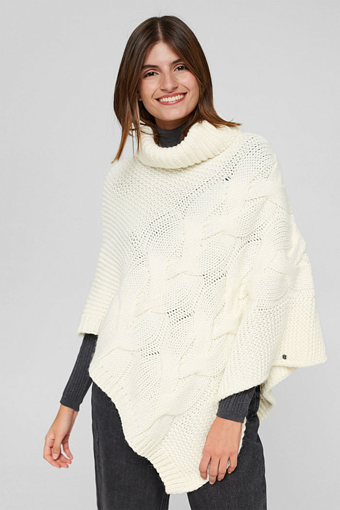 Con lana y alpaca: poncho de punto trenzado, OFF WHITE, detail image number 1