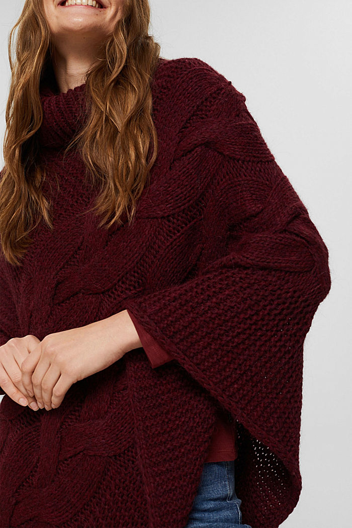 Wool/alpaca blend: poncho in cable knit, BORDEAUX RED, detail image number 2