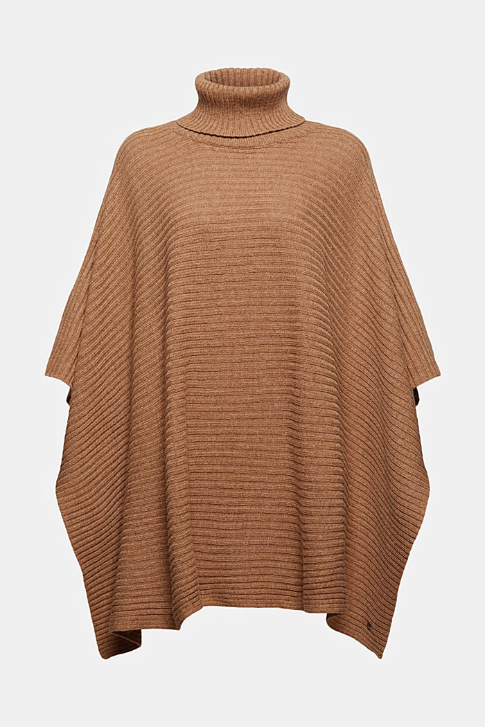 Responsible wool blend: polo neck poncho, TOFFEE, detail image number 0