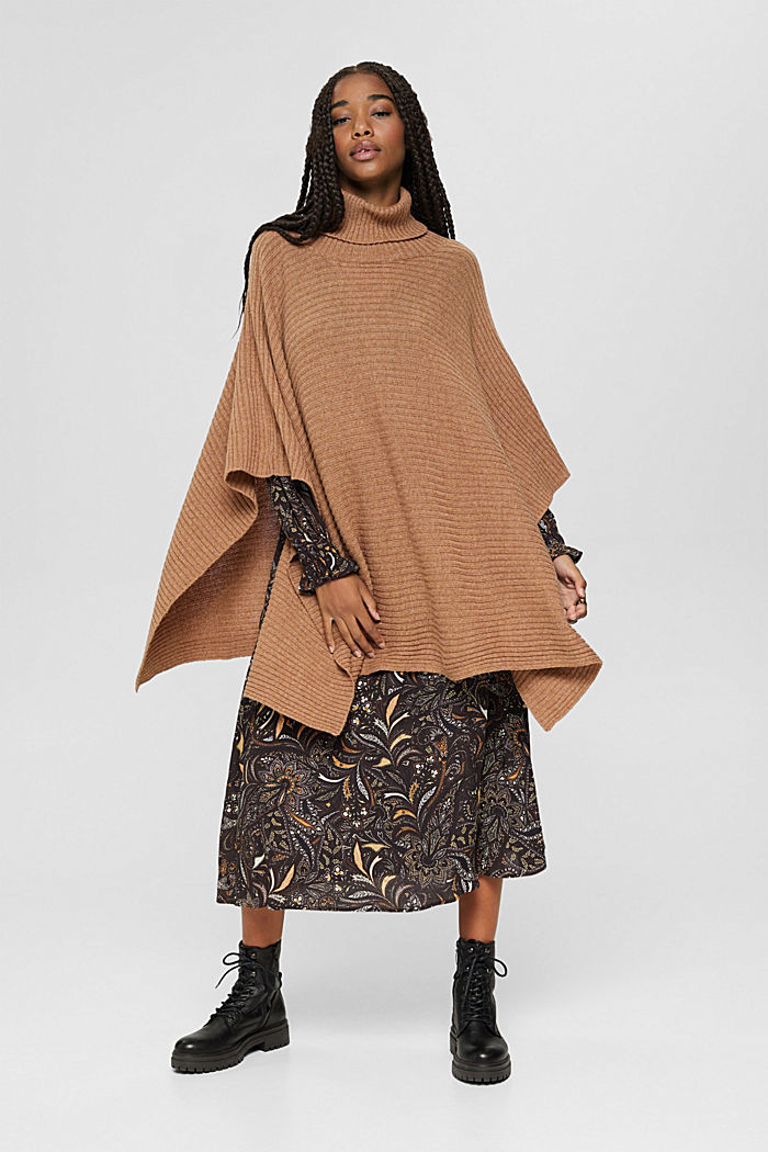 Responsible wool blend: polo neck poncho, TOFFEE, detail image number 5