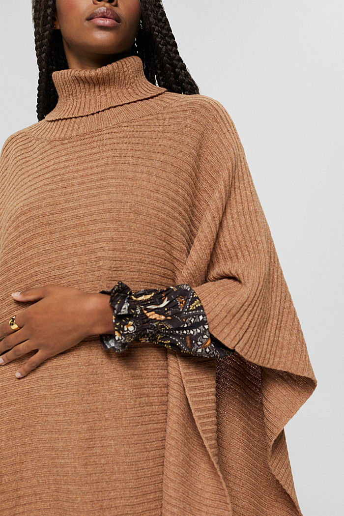 Responsible wool blend: polo neck poncho, TOFFEE, detail image number 3