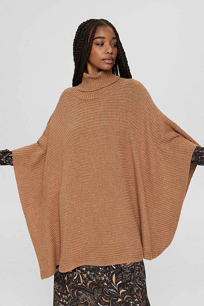 Responsible wool blend: polo neck poncho, TOFFEE, overview