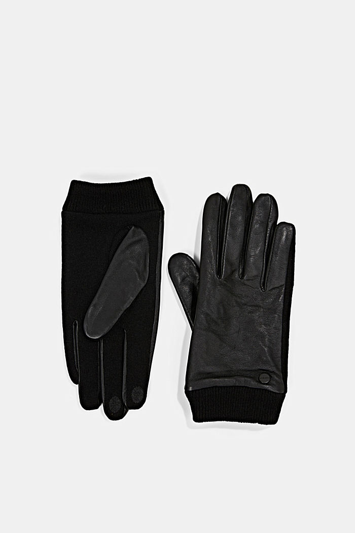 Mit Wolle: Handschuhe mit Lederoberseite, BLACK, detail image number 0