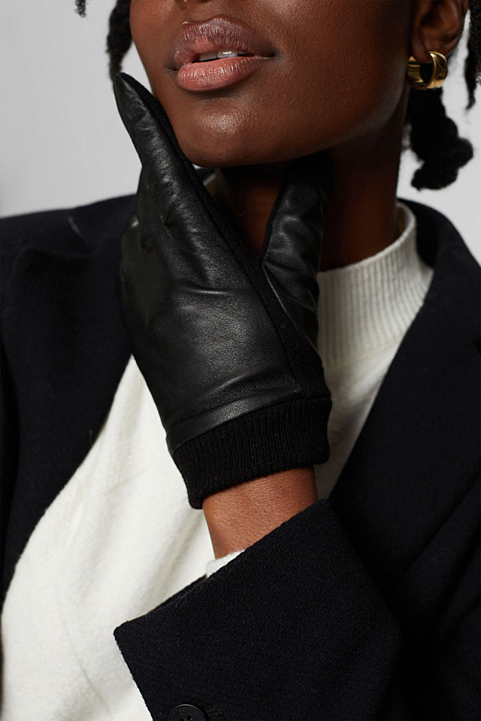 Mit Wolle: Handschuhe mit Lederoberseite, BLACK, detail image number 3