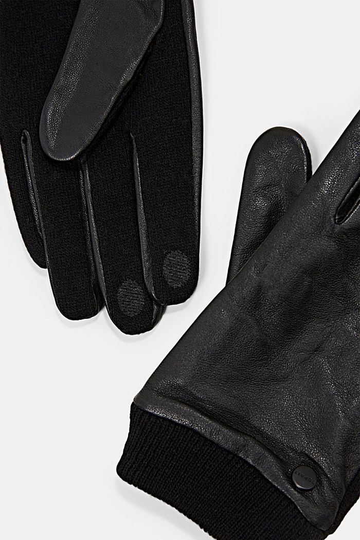 Mit Wolle: Handschuhe mit Lederoberseite, BLACK, overview