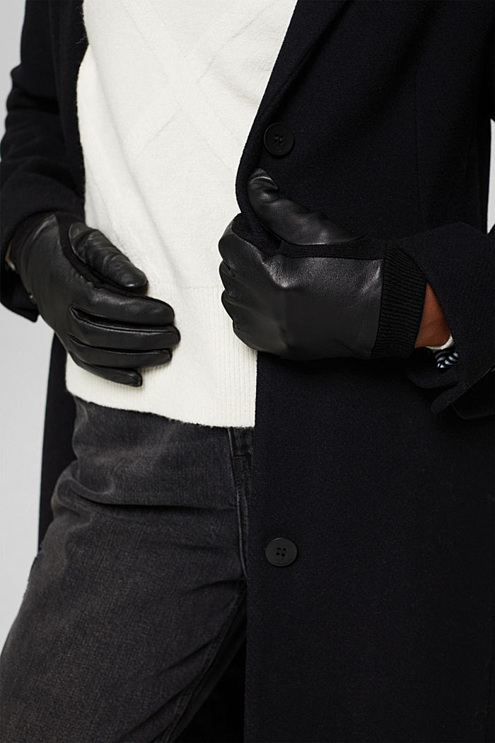 Mit Wolle: Handschuhe mit Lederoberseite, BLACK, detail image number 2