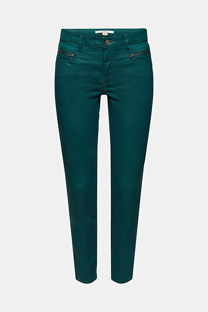 Coated trousers with zips, DARK TEAL GREEN, overview