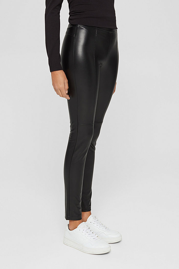 Faux leather leggings with topstitched seams, BLACK, overview