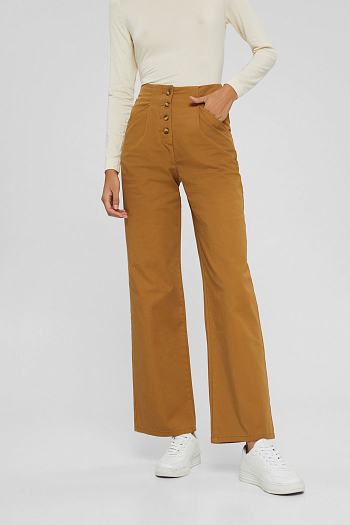 Wide leg trousers with button fly, 100% cotton, CAMEL, detail image number 0