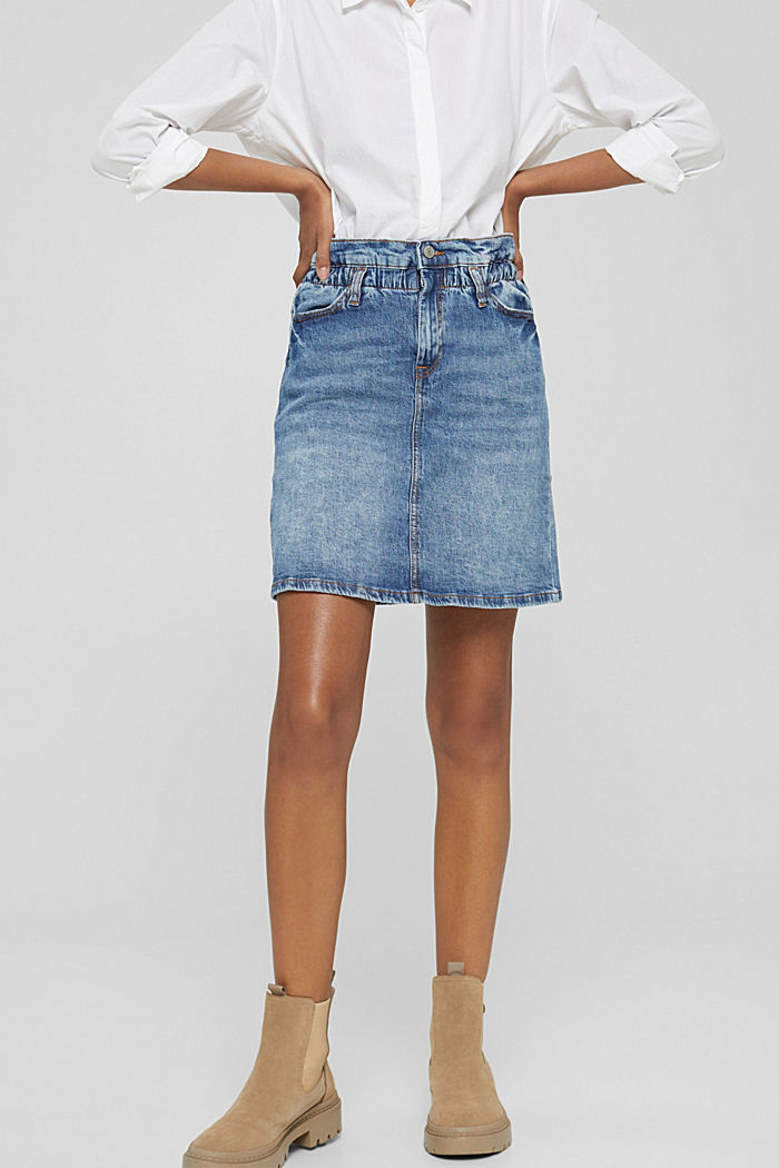Denim skirt with elasticated waistband in blended organic cotton, BLUE MEDIUM WASHED, detail image number 0
