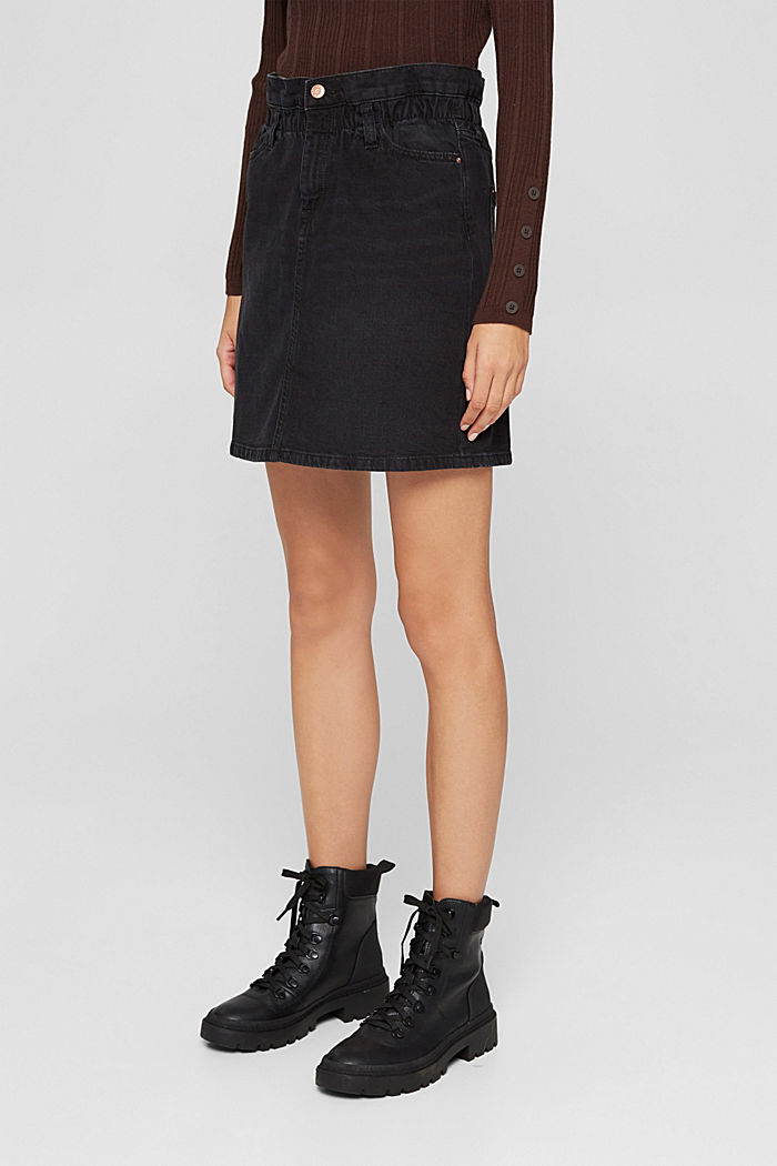 Denim mini skirt with a paperbag waistband, BLACK DARK WASHED, detail image number 0