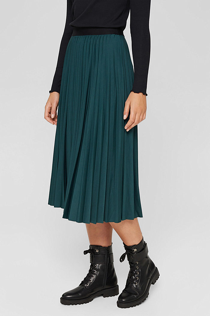 Pleated midi skirt with an elasticated waistband, DARK TEAL GREEN, detail image number 0