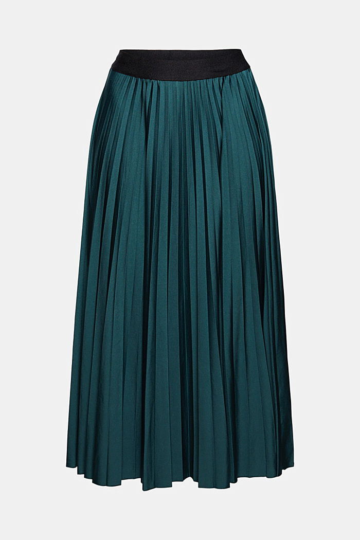 Pleated midi skirt with an elasticated waistband, DARK TEAL GREEN, overview