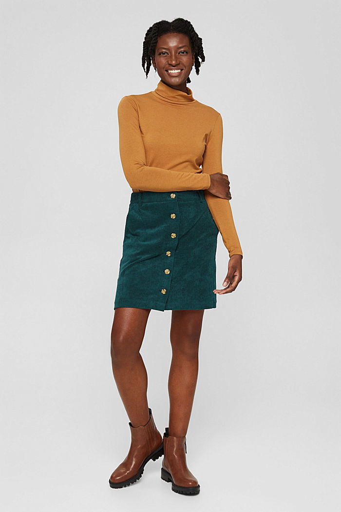 Recycled: corduroy mini skirt with a button placket, DARK TEAL GREEN, detail image number 0