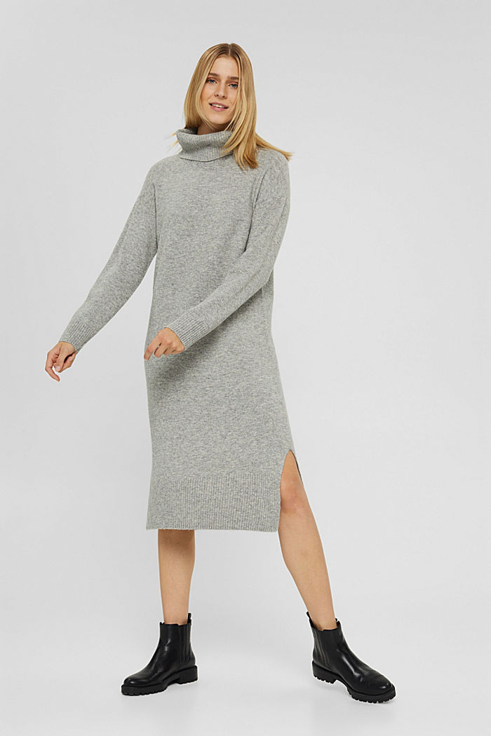 Wool/alpaca blend: knit dress with a polo neck, GUNMETAL, overview