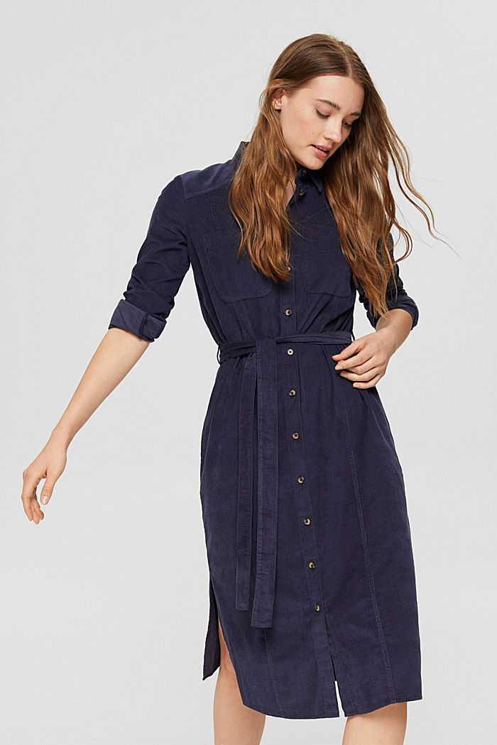 Corduroy shirt dress with a belt, NAVY, overview