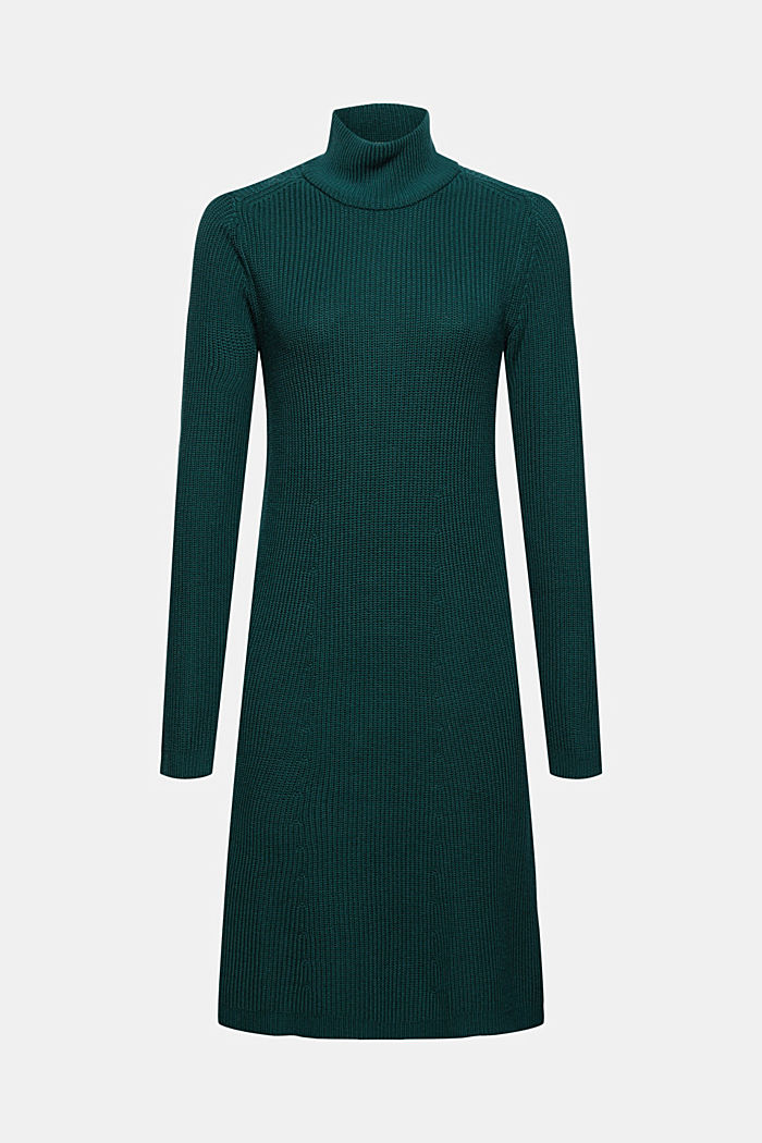 Knee-length knit dress made of organic cotton, DARK TEAL GREEN, overview