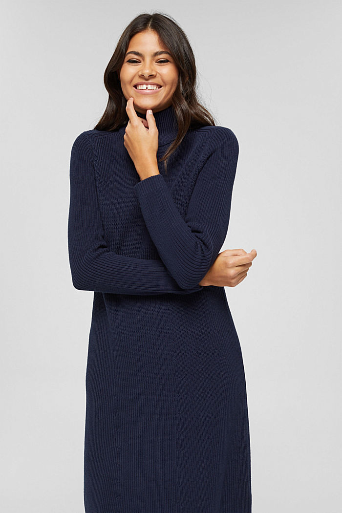 Knee-length knit dress made of organic cotton, NAVY, overview