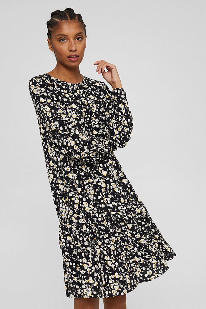 Mille-fleurs flounce dress with LENZING™ ECOVERO™, BLACK, detail image number 0