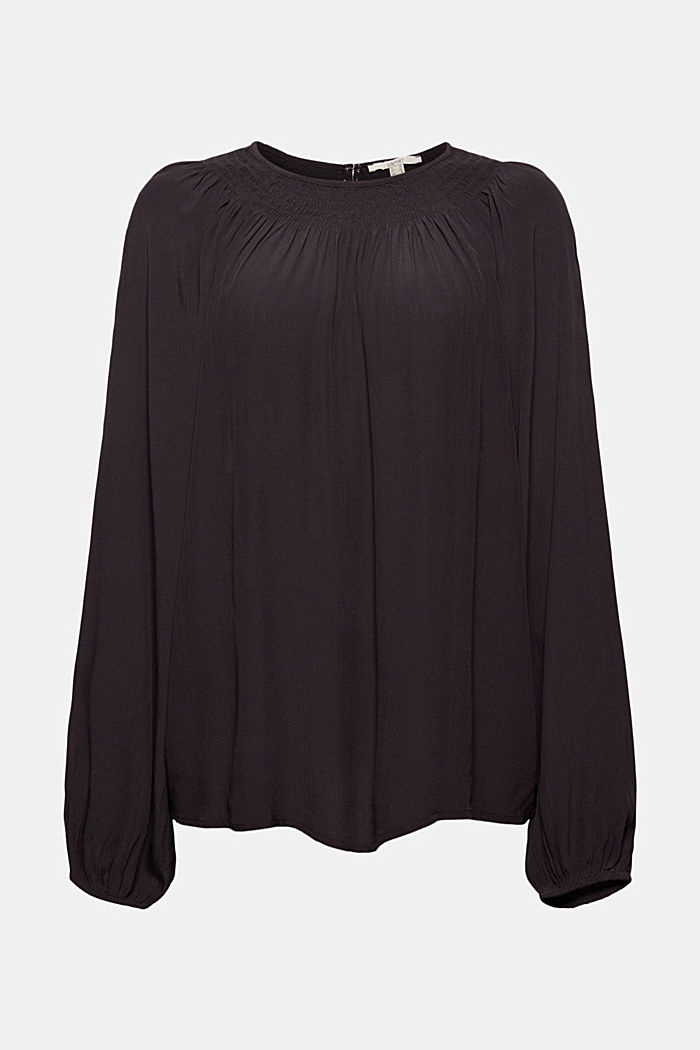 Smocked crêpe blouse made of LENZING™ ECOVERO™, BLACK, overview