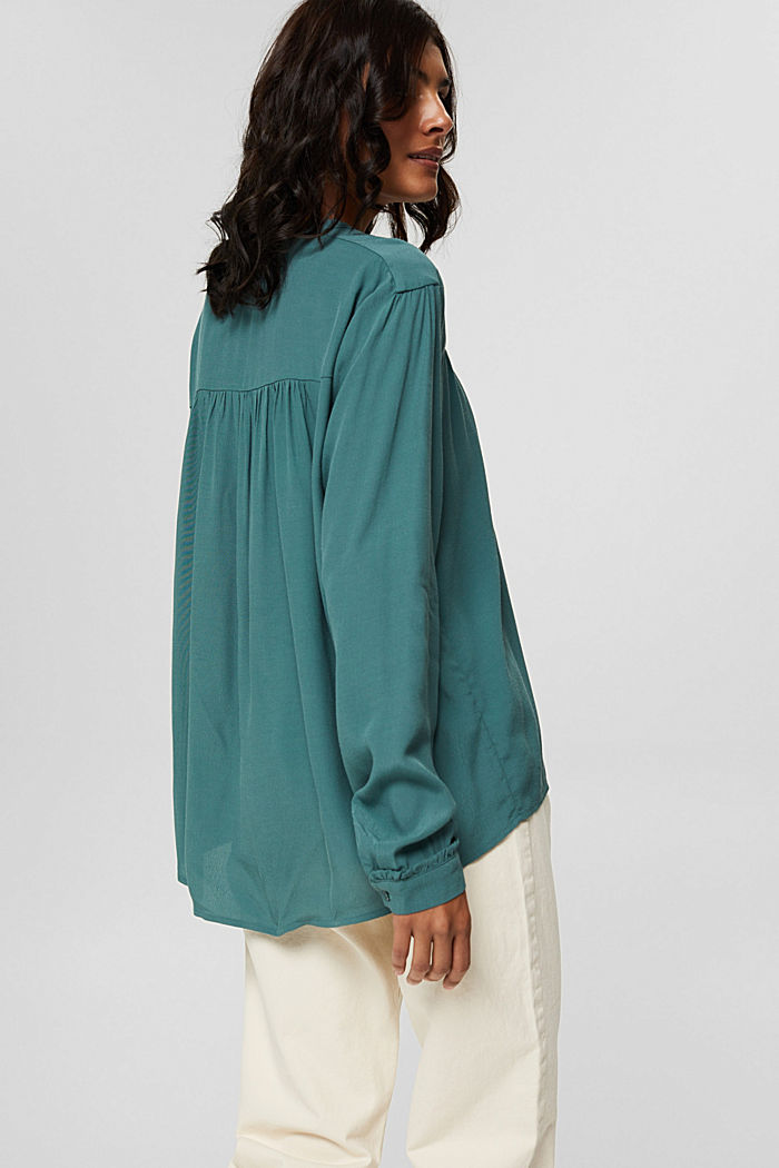 Henley blouse with frills, LENZING™ ECOVERO™, TEAL BLUE, detail image number 3