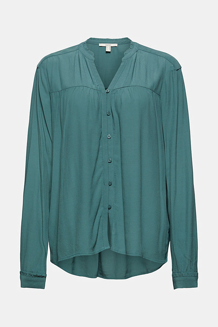 Henley blouse with frills, LENZING™ ECOVERO™, TEAL BLUE, overview