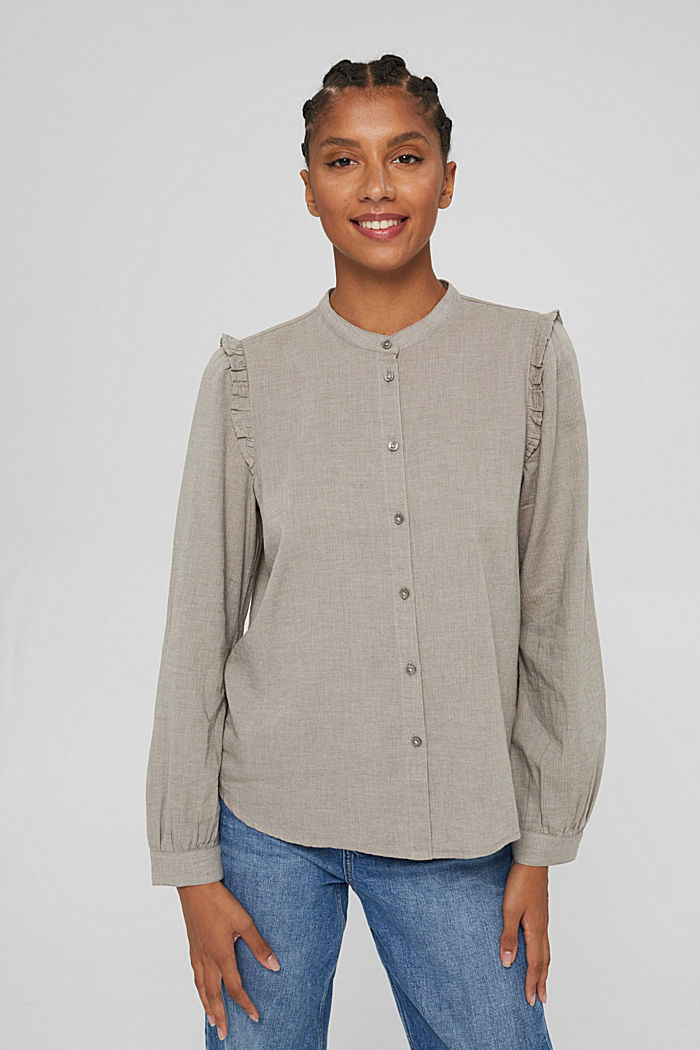 Shirt blouse with frills, 100% cotton, GUNMETAL, detail image number 0