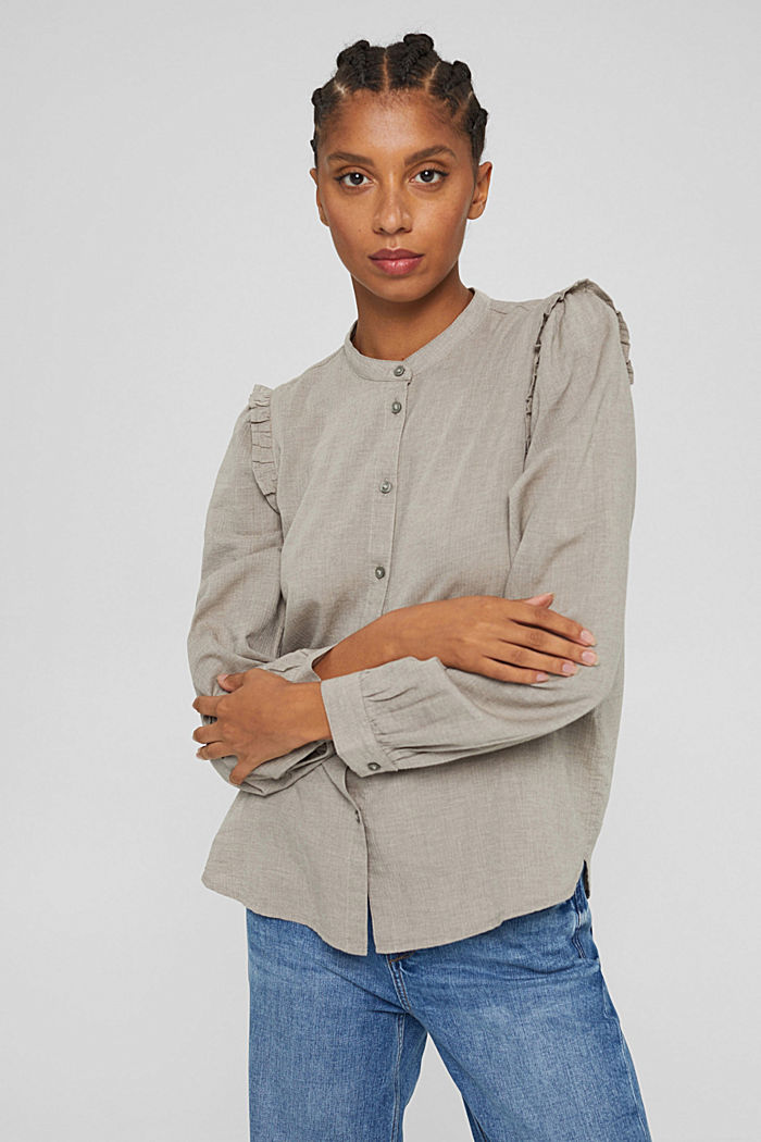 Shirt blouse with frills, 100% cotton, GUNMETAL, detail image number 6