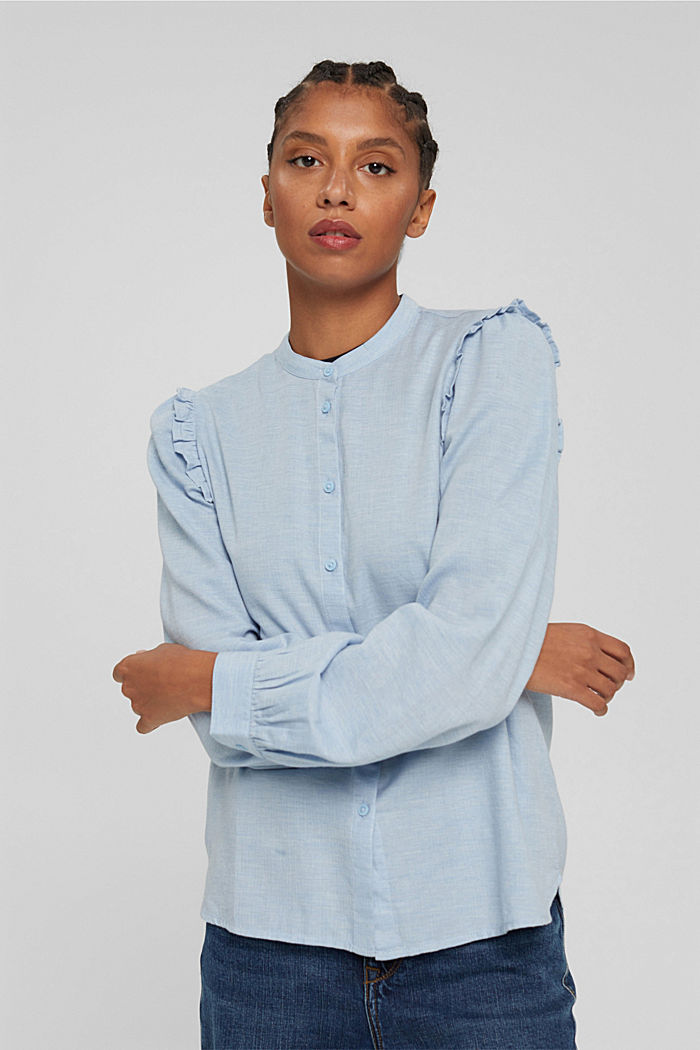 Shirt blouse with frills, 100% cotton, LIGHT BLUE LAVENDER, detail image number 0
