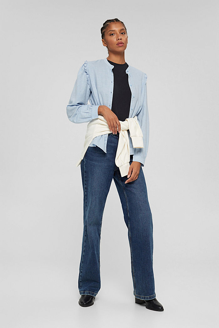 Shirt blouse with frills, 100% cotton, LIGHT BLUE LAVENDER, detail image number 1