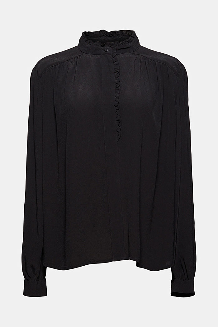 Flowing crêpe blouse with frills, BLACK, overview