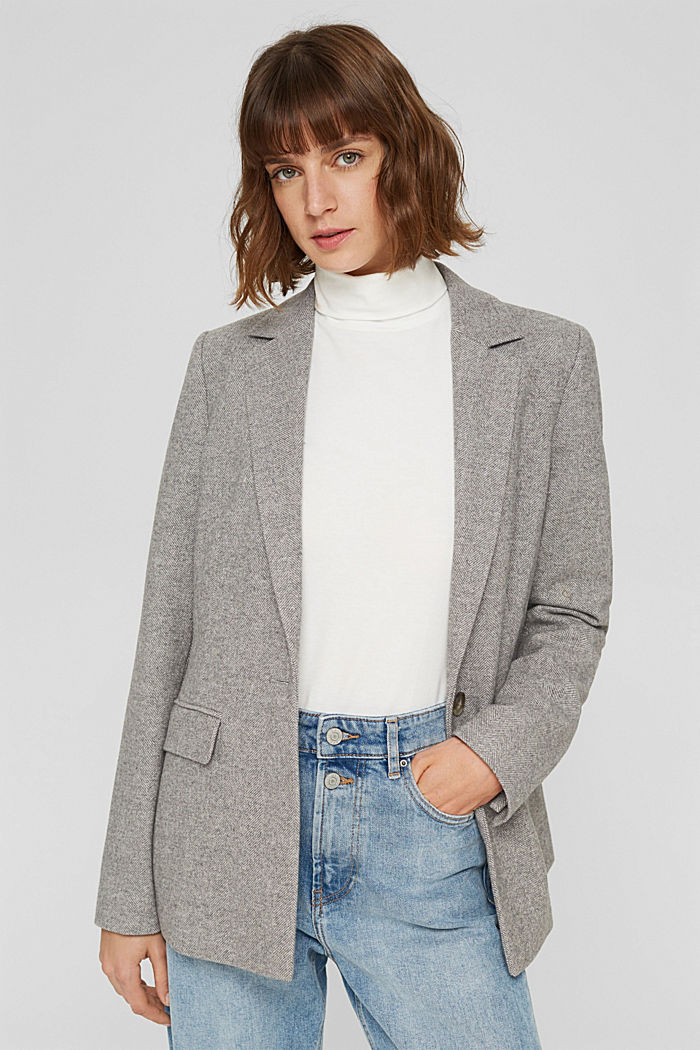 Con lana: blazer con diseño de espiga, ANTHRACITE, detail image number 0