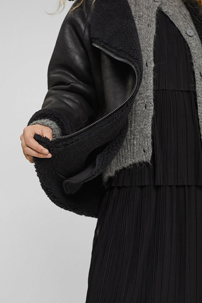Wool blend: Faux shearling biker jacket, BLACK, detail image number 2