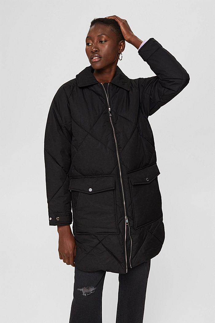 Recycled: quilted coat with a turn-down collar, BLACK, detail image number 5