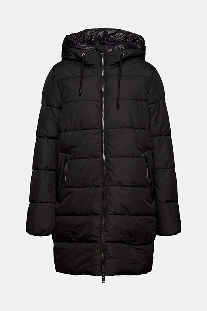 Recycled: quilted coat with a hood, BLACK, overview
